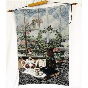 Vintage 38" x 25" Wall Tapestry Window & Garden Display by Glynda Turley Floral
